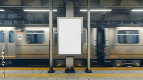 Mock up Poster media template Ads display in NYC Train Subway Station between two Moving Train on background. Realistic 3d render illustration