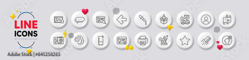 Star, 5g upload and Delivery line icons. White buttons 3d icons. Pack of Chemistry pipette, Dots message, Refrigerator icon. Left arrow, Upload photo, Journey path pictogram. Vector