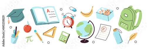 School supplies items set. Backpack, lunchbox, pens, pencil and other education thinks for kids. Modern cartoon concept. Vector illustration.