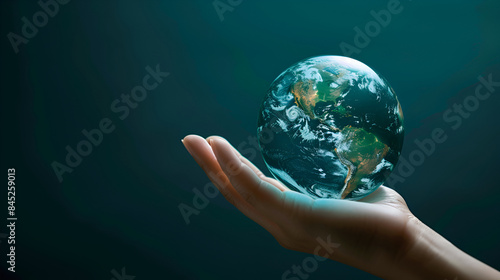 Businessman holding the earth with global connection concept, Energy saving concept, Hand holding our planet earth with network connection lines on dark background