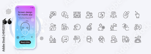 Fist bump, Leadership and Internet app line icons for web app. Phone mockup gradient screen. Pack of Lgbt, Like, Lawyer pictogram icons. Couple, Touchscreen gesture, Messages signs. Vector