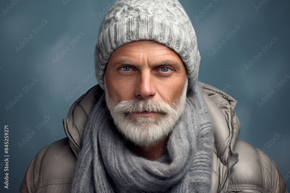 A man wearing a scarf and hat on a pastel grey background A man wearing a scarf and hat on a pastel grey background