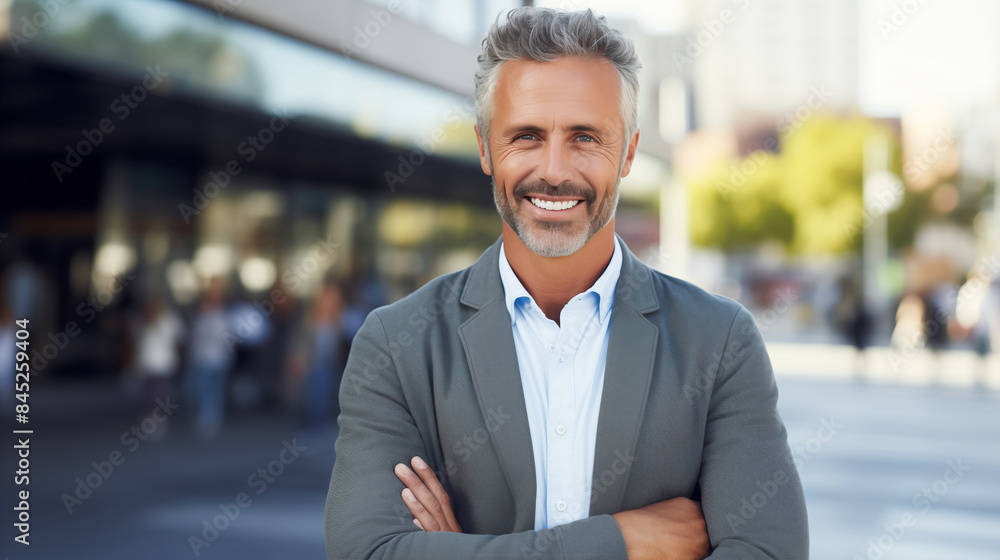 Confident happy smiling mature businessman standing with crossed arms in the city, looking at camera Confident happy smiling mature businessman standing with crossed arms in the city, looking at camera