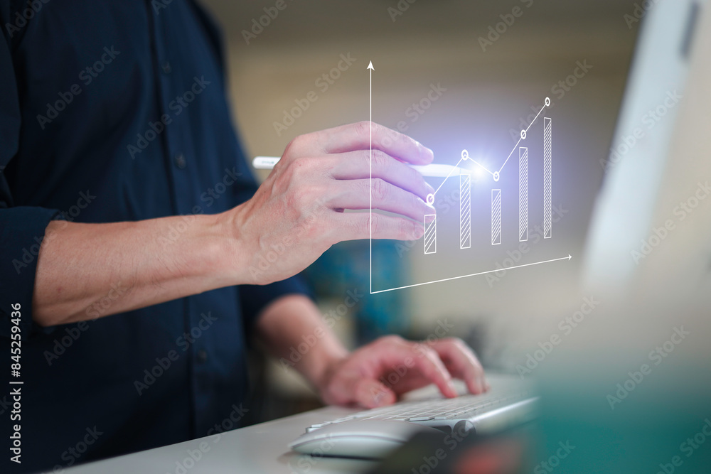 Naklejka premium Businessman touch investment growth graph chart and analysing growth achievement diagram data trading and exchange, Stock market, Investment, dynamics of financial growth of business