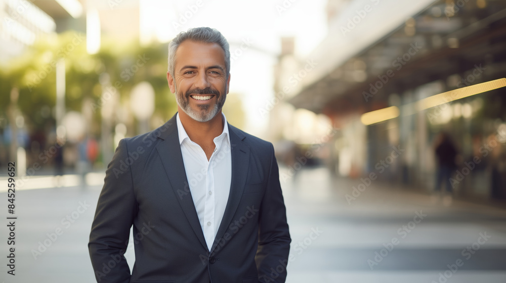 Confident happy smiling mature Middle Eastern businessman standing in the city, looking at camera Confident happy smiling mature Middle Eastern businessman standing in the city, looking at camera