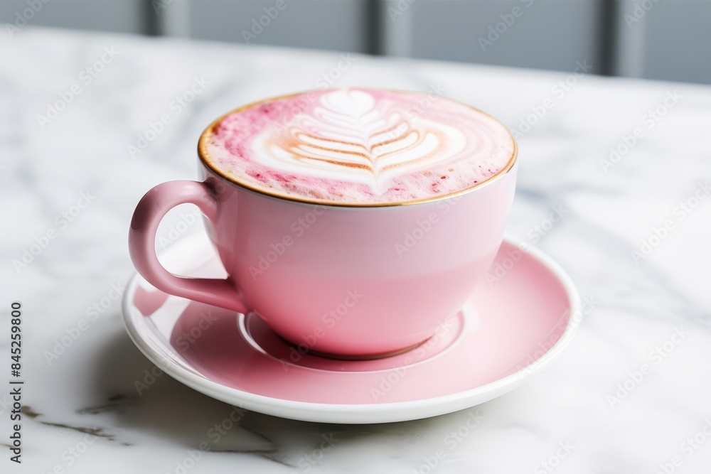 A creamy Pink Matcha latte with intricate latte art A creamy Pink Matcha latte with intricate latte art