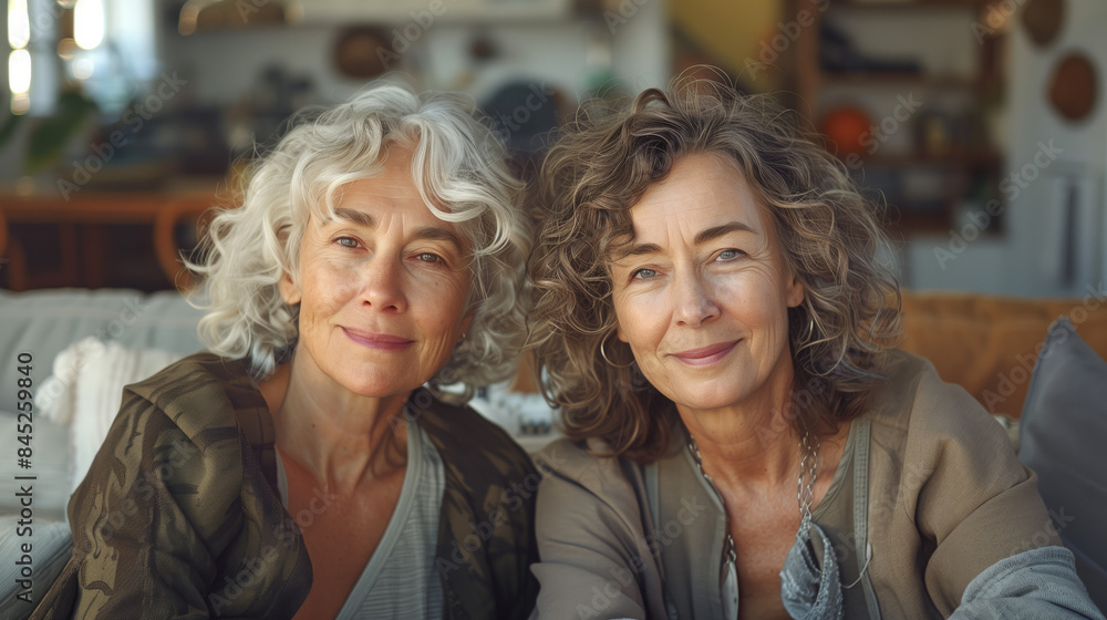 two happy casual middle aged or elderly women with grey hair sitting on a sofa in a living room two happy casual middle aged or elderly women with grey hair sitting on a sofa in a living room