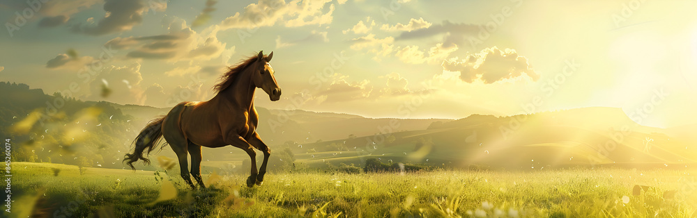 The Tranquil Beauty of a Horse running Amidst a Field of Yellow Blossoms with the Sunlight Casting a Radiant Halo Across the Landscape The Tranquil Beauty of a Horse running Amidst a Field of Yellow Blossoms with the Sunlight Casting a Radiant Halo Across the Landscape