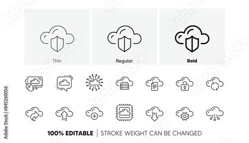 Hosting, Computing data and File storage. Cloud data and technology icons. Computer sync linear icon set. Line icons set. Vector