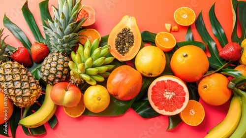 Tropical fruits arrangement on coral background in summer