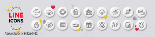 Add gift, Balloon dart and Photo camera line icons. White buttons 3d icons. Pack of Christmas tree, Circus tent, Bicycle helmet icon. Journey, Cupcake, Love lock pictogram. Vector