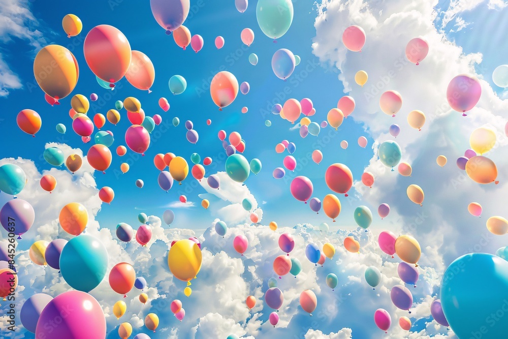 A lively scene presenting numerous colorful balloons soaring amidst a beautiful, cloudy sky, evoking a whimsical and uplifting ambiance A lively scene presenting numerous colorful balloons soaring amidst a beautiful, cloudy sky, evoking a whimsical and uplifting ambiance