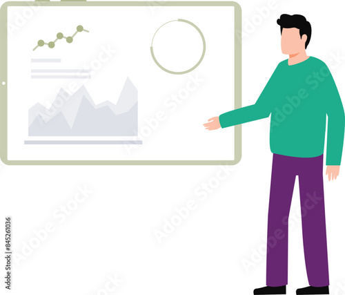 Boy is explaining about analytical business graphs.