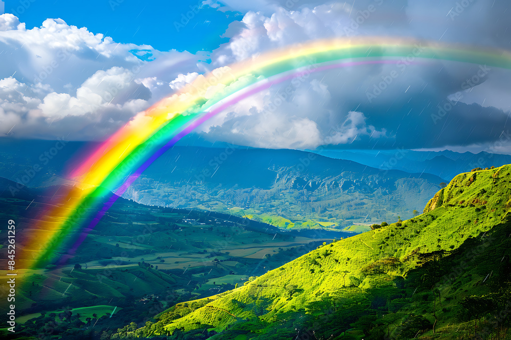 A vibrant rainbow arching across the sky, representing beauty, hope, and diversity, creating an inspiring and colorful natural spectacle A vibrant rainbow arching across the sky, representing beauty, hope, and diversity, creating an inspiring and colorful natural spectacle