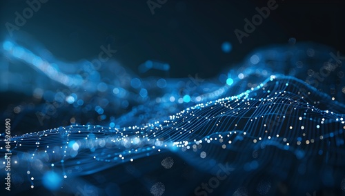 Abstract digital background with blue glowing network lines and bokeh lights on dark backdrop, AI technology concept 