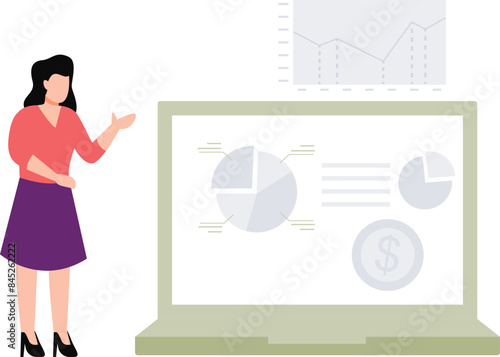 The girl is telling about the business graphs.