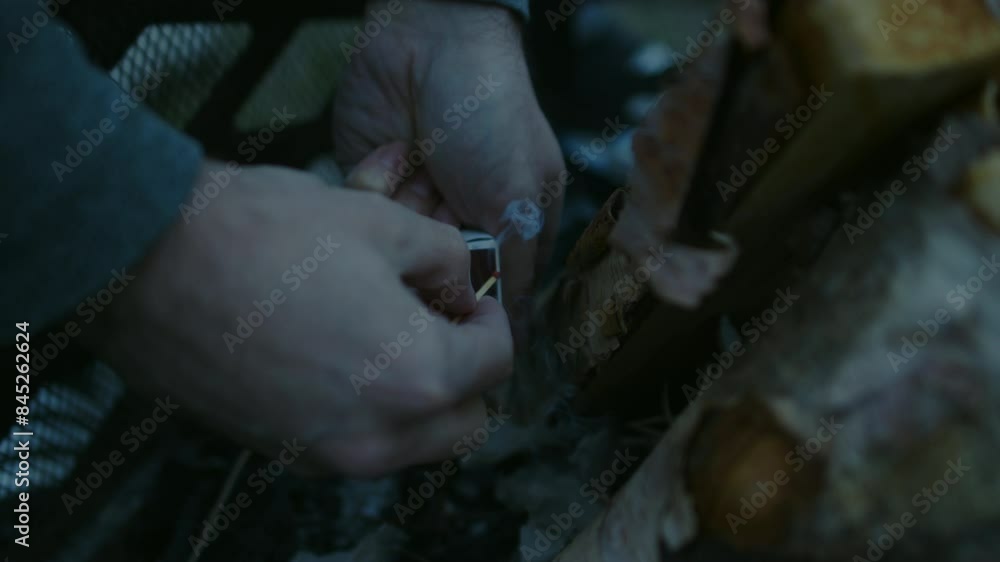 Man striking match on matchbox to light fire at base of teepee logs in pit Man striking match on matchbox to light fire at base of teepee logs in pit