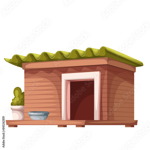 Doghouse, cartoon wooden house box for dog. Funny puppy kennel with door, bowl and green corrugated slate cover on roof, cute backyard dogs cabin with potted plant cartoon vector illustration