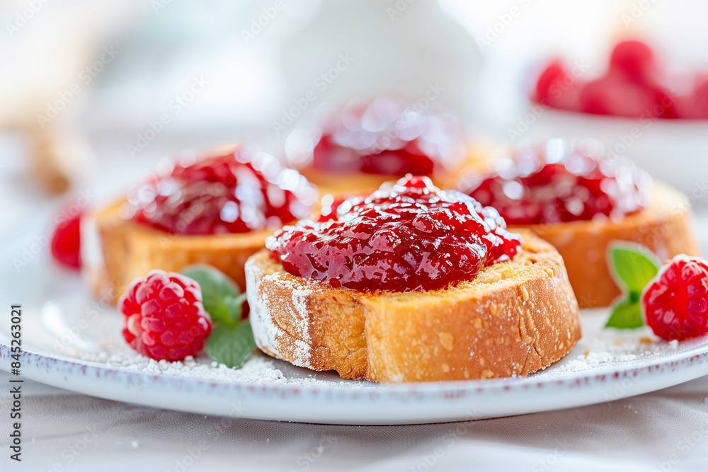 sweet breakfast toast with strawberry jam and sugar on a plate sweet breakfast toast with strawberry jam and sugar on a plate