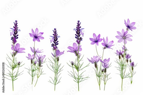 Stems of meadow grass with violet flowers isolated on white background with clipping path. Full Depth of field. Focus stacking. PNG  Generative AI