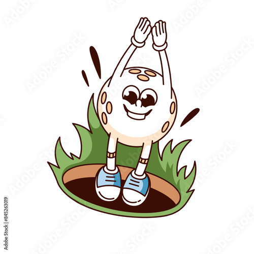 Groovy golf ball cartoon character jumping into round hole. Funny retro falling ball of golfer with funky smile, golf club and tournament mascot, cartoon sticker of 70s 80s style vector illustration