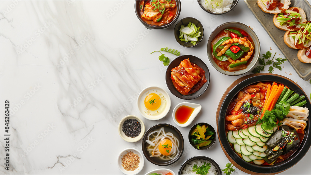 Assortment of Korean traditional dishes on white table background. Asian food. Top view, flat lay, panorama top down view Assortment of Korean traditional dishes on white table background. Asian food. Top view, flat lay, panorama top down view