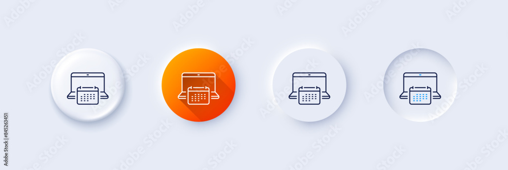 Calendar line icon. Neumorphic, Orange gradient, 3d pin buttons. Annual planner sign. Laptop event schedule symbol. Line icons. Neumorphic buttons with outline signs. Vector Calendar line icon. Neumorphic, Orange gradient, 3d pin buttons. Annual planner sign. Laptop event schedule symbol. Line icons. Neumorphic buttons with outline signs. Vector