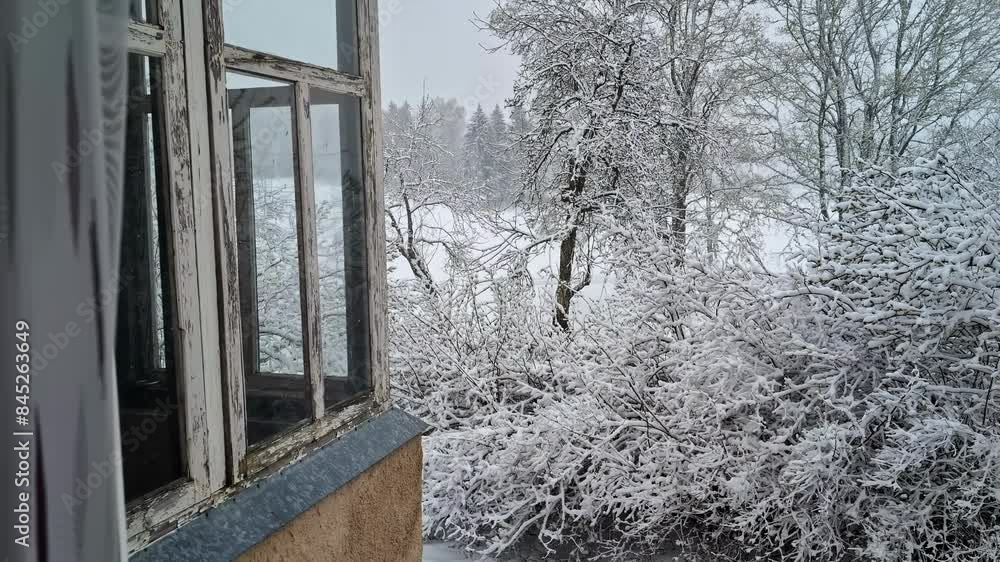 Snow covered trees and landscape through window of old home, dolly forward view Snow covered trees and landscape through window of old home, dolly forward view