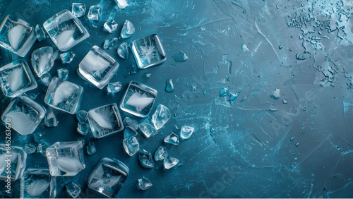 melting cube of ice, flying ice cubes in isolated blue background