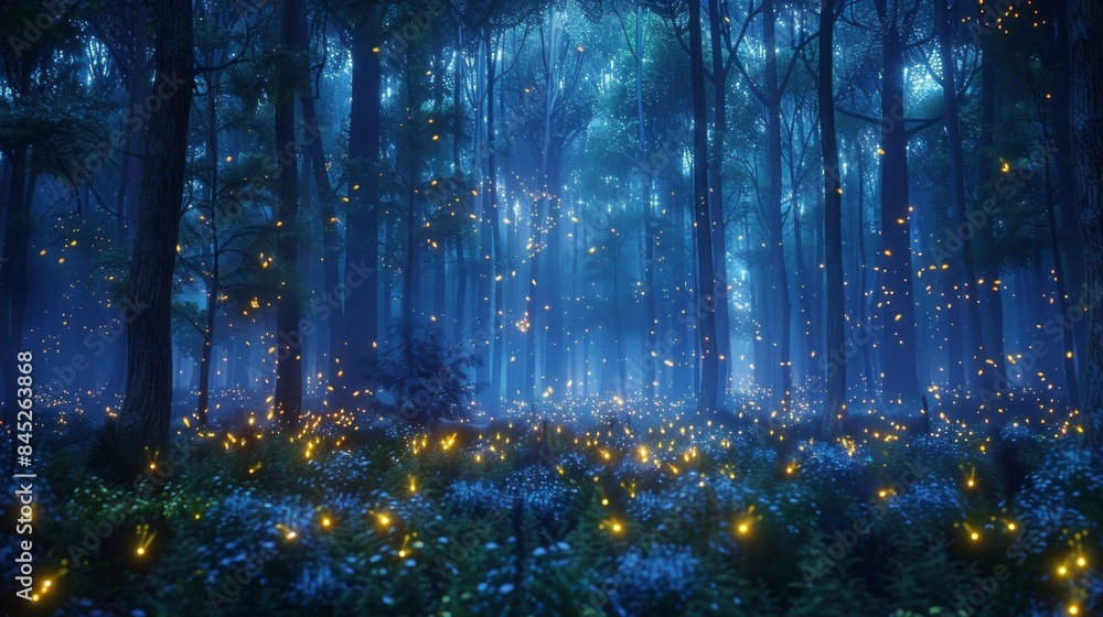 Obraz premium Enchanted Forest at Twilight, Neon-Outlined Trees with Glowing Fireflies Creating a Magical Ambiance