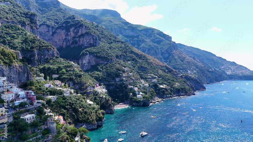 Aerial View Over Positano, Green Mountain Peaks, Azure Waters, Amalfi Coast, Italy, Europe Aerial View Over Positano, Green Mountain Peaks, Azure Waters, Amalfi Coast, Italy, Europe