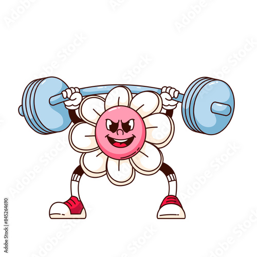 Groovy flower cartoon character lifting barbell. Funny retro strong chamomile athlete with weight, fitness training mascot, cartoon daisy with barbell sticker of 70s 80s style vector illustration