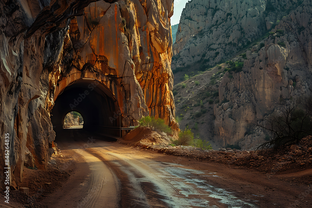 Obraz premium A tunnel cuts through the mountains, with a new road or railway tracks illustrating the combination of natural beauty and human engineering, symbolizing exploration and communication