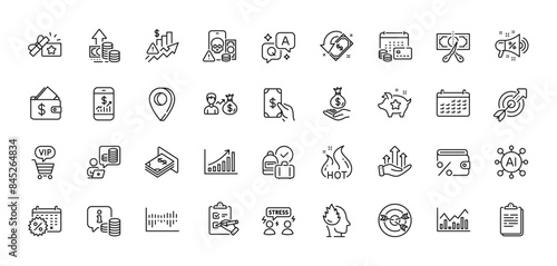 Cashback, Budget accounting and Difficult stress line icons pack. AI, Question and Answer, Map pin icons. Loyalty points, Column diagram, Inflation web icon. Vector