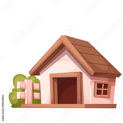 Doghouse, cartoon wooden house of dog with fence. Funny kennel with triangle roof, window and door for animal to enter to sleep, cartoon garden dogs shelter and green grass vector illustration