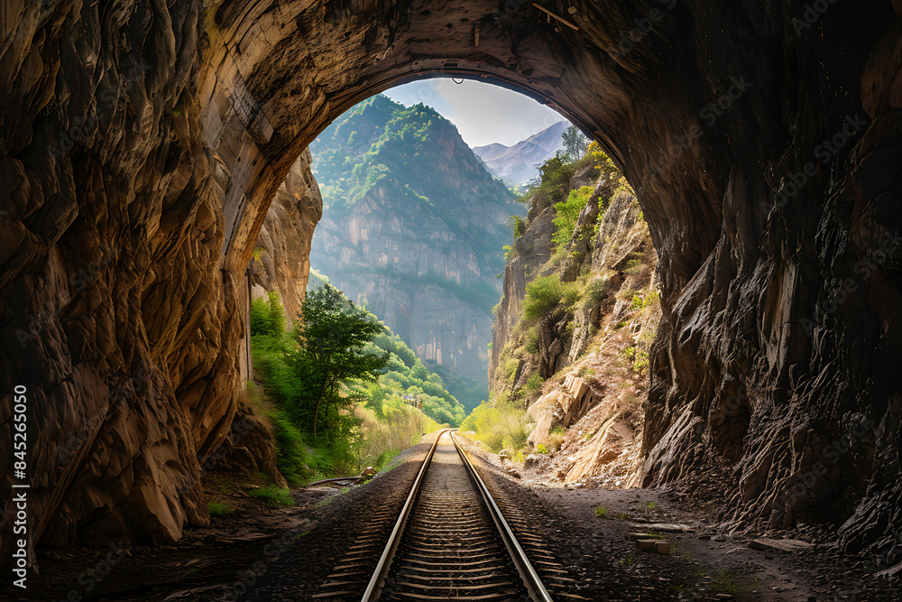A tunnel cuts through the mountains, with a new road or railway tracks illustrating the combination of natural beauty and human engineering, symbolizing exploration and communication A tunnel cuts through the mountains, with a new road or railway tracks illustrating the combination of natural beauty and human engineering, symbolizing exploration and communication