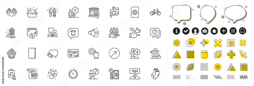 Fototapeta premium Set of Time, Radiator and Megaphone line icons for web app. Design elements, Social media icons. Bicycle, Like, Payment card icons. Fake review, Inspect, Socks signs. Vector