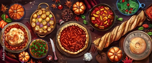 A Cozy Dinner Table Set For Thanksgiving Offers A Top View Of Warm, Inviting Colors And Hearty Festive Dishes © Pic Hub