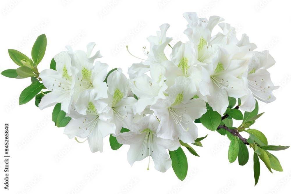 Fototapeta premium White Azaleas with leaves isolated on white background.