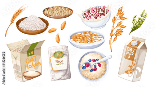 Cereal products and food cartoon set. Ripe oat, wheat and millet plants, flakes and rice for cooking cereal porridge. Plate of grains and cartoon bowl of oatmeal, milk and berry vector illustration