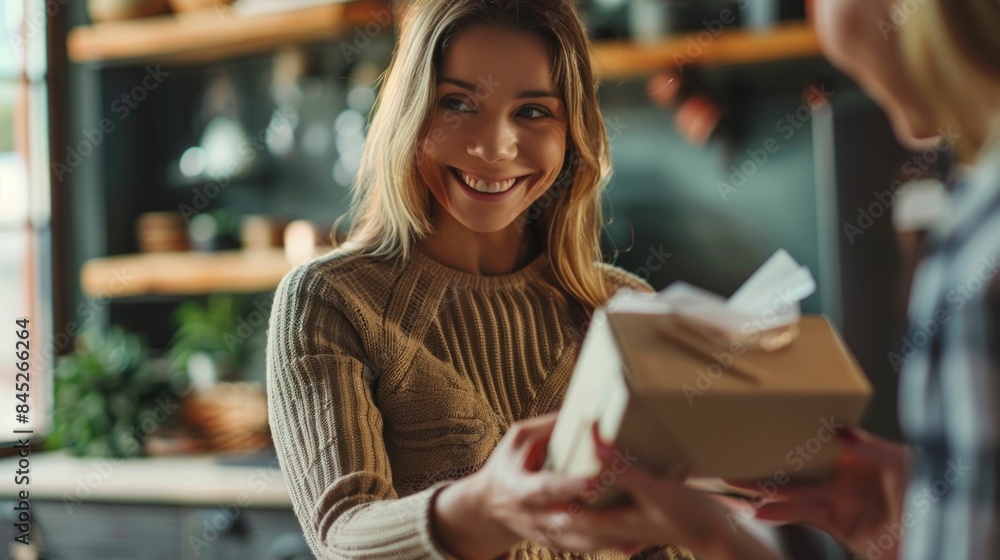 Delighted young woman with blonde hair smiling and holding a delivery package in a retail store setting conveying a sense of customer satisfaction and positive shopping experience Delighted young woman with blonde hair smiling and holding a delivery package in a retail store setting conveying a sense of customer satisfaction and positive shopping experience