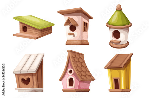 Birdhouses cartoon set, houses for spring and summer birds nest. Funny pink and yellow, white and brown wooden houses with roof and hole, cartoon homemade cute garden boxes vector illustration