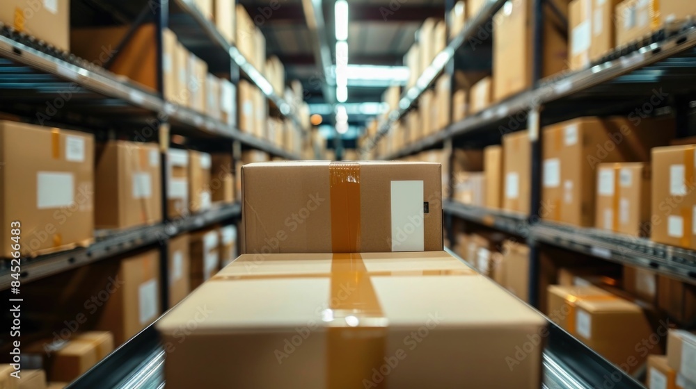 Fototapeta premium Efficient and Fast Express Shipping Service Featuring Organized Warehouse Shelving and Storage System for Freight and Cargo Delivery