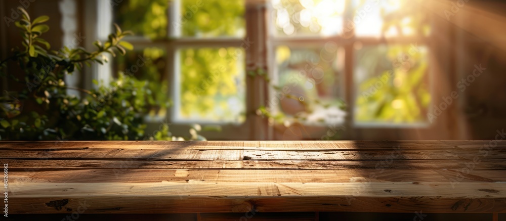 Wooden table illuminated by soft spring sunlight against a blurred window backdrop. Wooden table illuminated by soft spring sunlight against a blurred window backdrop.