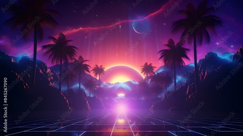 Naklejka premium Glowing Sci-Fi Miracle in a Surreal Tropical Retro Landscape
