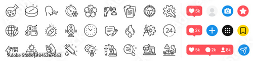 Currency rate, Online chemistry and Microscope line icons pack. Social media icons. Medical tablet, Breathing exercise, Time management web icon. Vector
