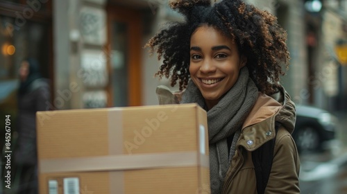 Portrait of a smiling African American woman standing on a city sidewalk and happily receiving a package delivery with a signature confirmation © Intelligent Horizons