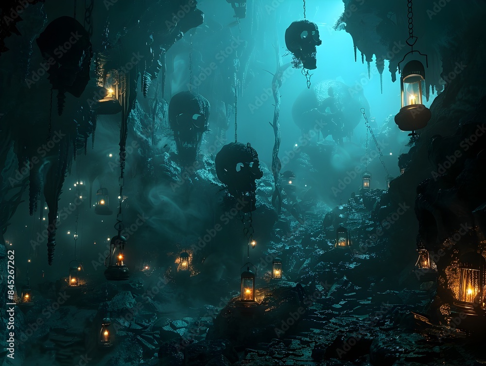Haunting Hellish Landscape with Eerie Floating Lanterns and Chilling Skull Imagery Haunting Hellish Landscape with Eerie Floating Lanterns and Chilling Skull Imagery