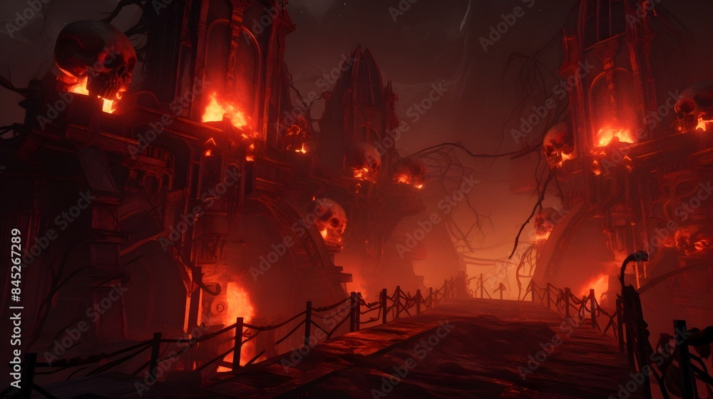 Obraz premium Haunting Sci-Fi Hellscape with Floating Skulls and Fiery Backdrop