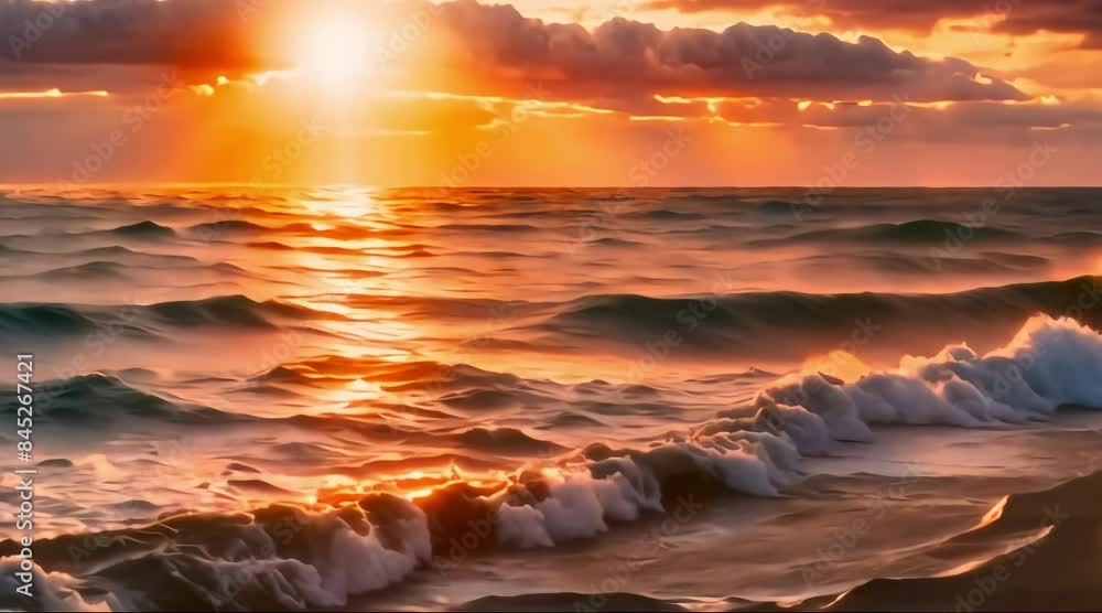 Ocean sunset Magical dramatic sea sunset Burning sky and shining golden waves Ocean sunset Magical dramatic sea sunset Burning sky and shining golden waves